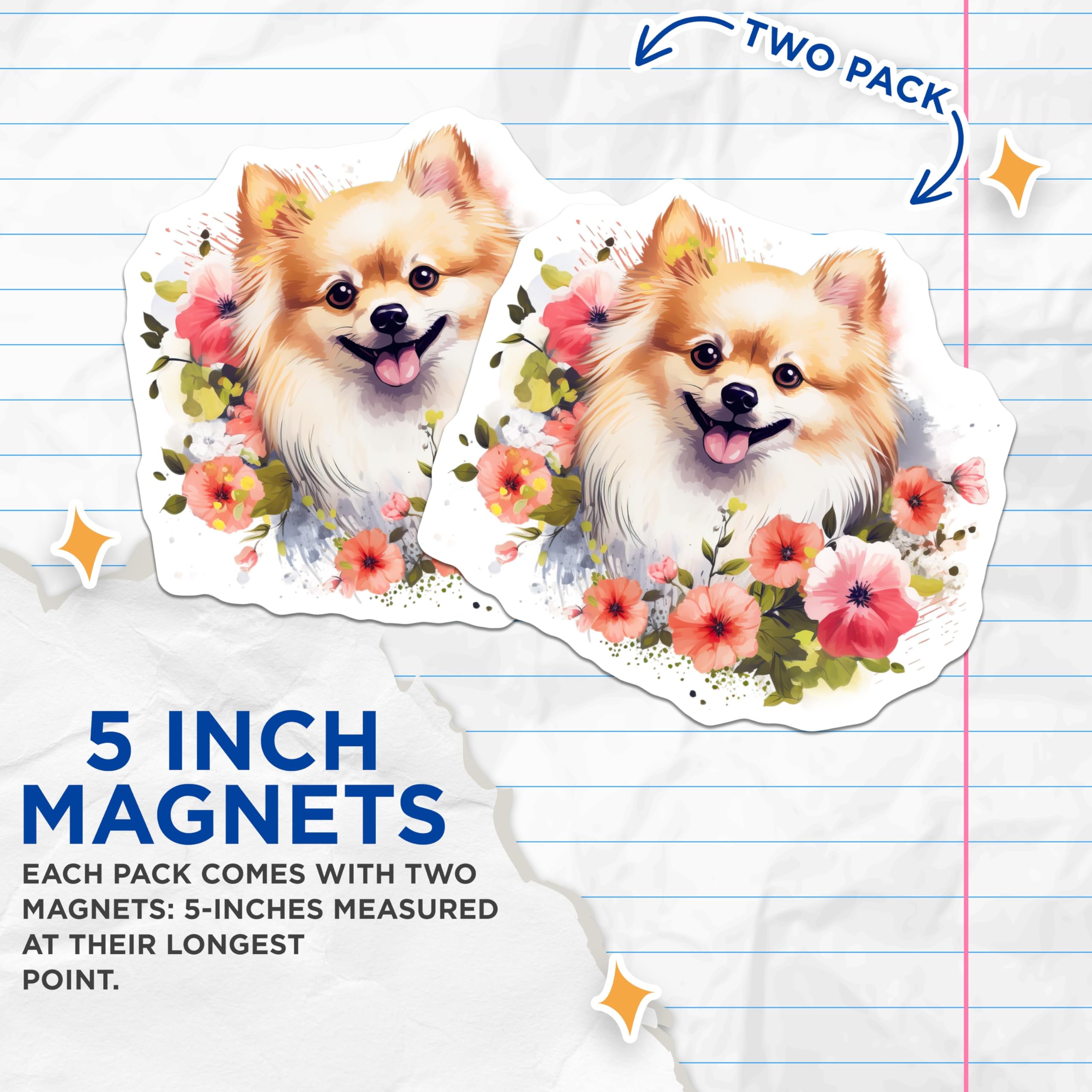(2 Pack) Pomeranian Magnets - Happy Fluffy Dog Decor - Floral Puppy Art Refrigerator Magnet - 5 Inches On Longest Side - Thick Durable Magnet - Made in USA - MAG24474
