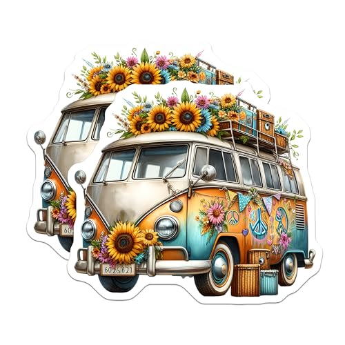 (2 Pack) Vintage Hippie Van Stickers - Boho Flower Van Decal - Retro Peace Van Sticker - 5" On Longest Side - Sticks to Smooth Flat Surfaces - Made in USA - BMCS8859
