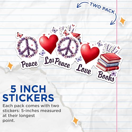 (2 Pack) Peace Love Books Stickers - Book Lover Stickers - Floral Peace Sign Stickers - 5" On Longest Side - Sticks to Any Smooth Flat Surface - Made in USA - BMCS2755
