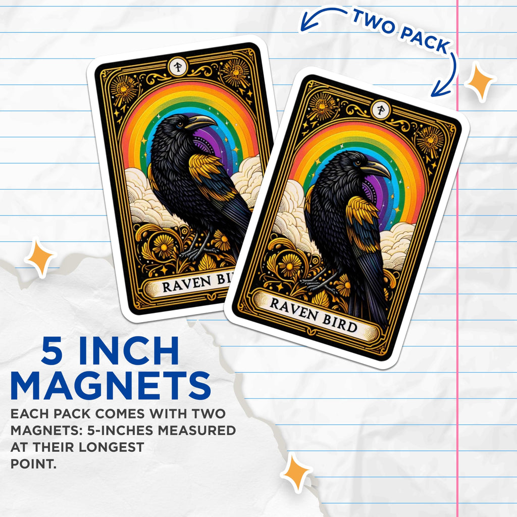 (2 Pack) Raven Bird Magnets - Vivid Rainbow Art - Mystical Crow Aesthetic Decor - Ornate Animal Kitchen Accessories - 5 Inches On Longest Side - Thick Durable Magnet - Made in USA - MAG21052