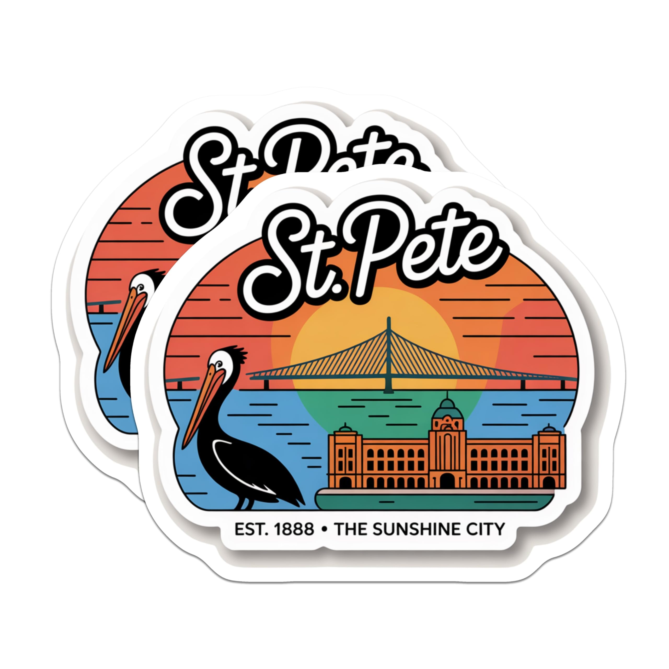 (2 Pack) St Pete Florida Magnets - Sunshine City Pelican Scene - Iconic Bridge Landmark Decor - Travel Souvenirs - 5 Inches On Longest Side - Thick Durable Magnet - Made in USA - MAG19150
