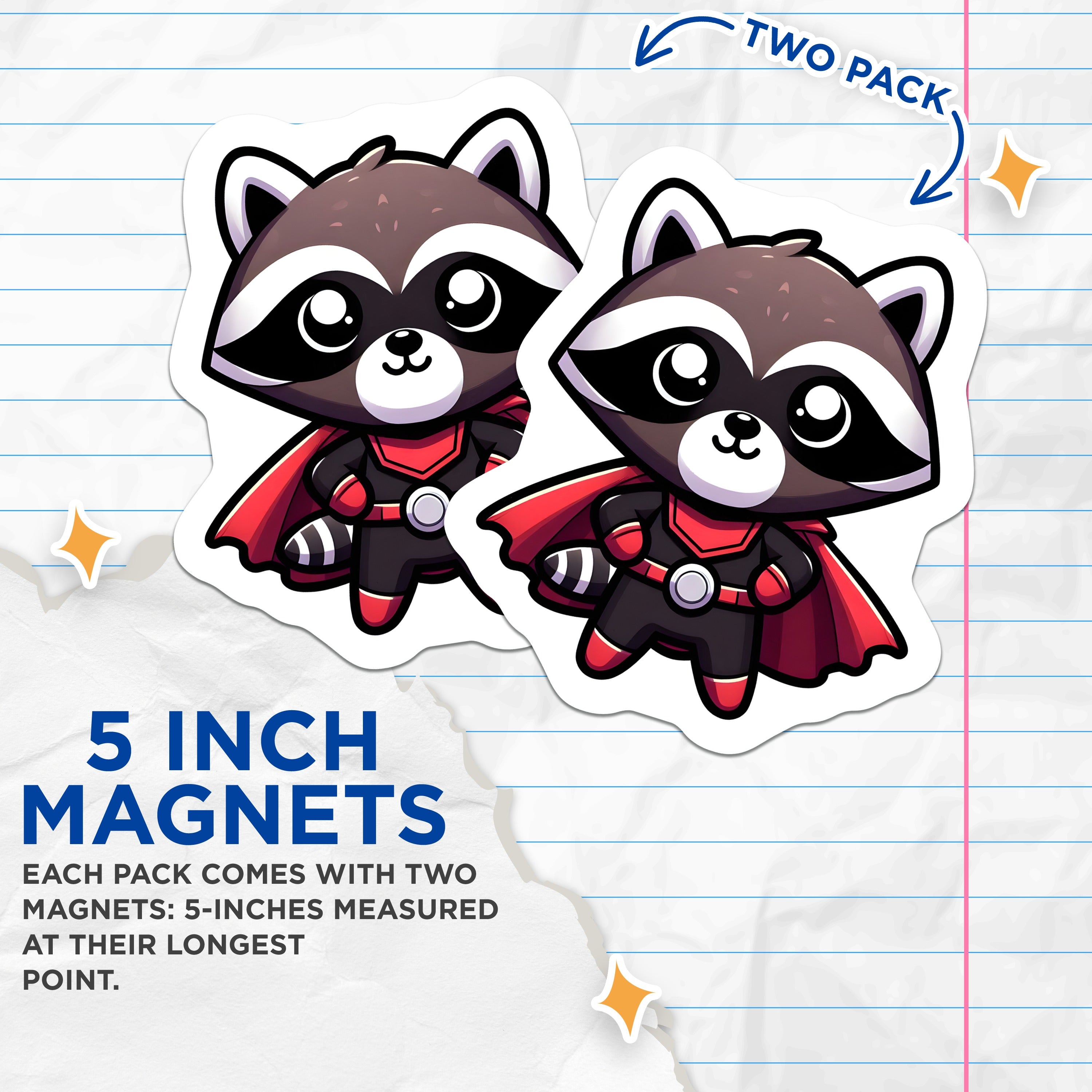 (2 Pack) Cute Raccoon Superhero Magnets - Kawaii Animal Fridge Decor - Comic Book Fan Magnets - 5 Inches On Longest Side - Thick Durable Magnet - Made in USA - MAG38420