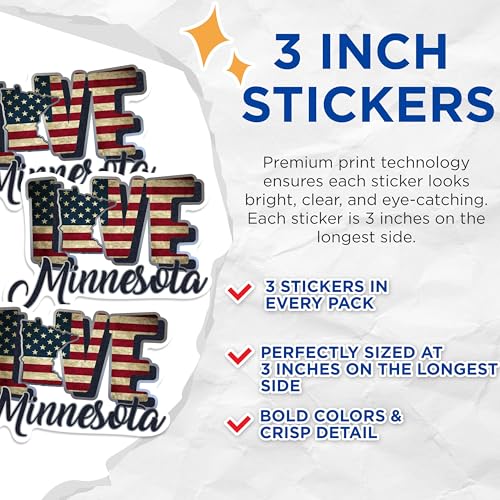(3 Pack) Minnesota Decals - American Flag - Love MN - Laptop Decal - 3 Inches On Longest Side - Easy Peel & Apply - Made in USA - 3MCS0314