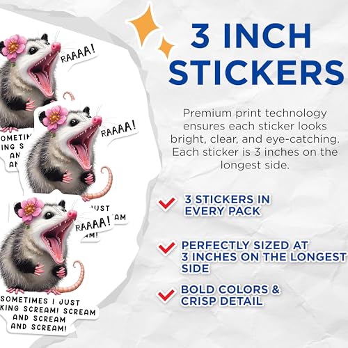 (3 Pack) Screaming Opossum Decals - Funny Animal - Laptop Decal - 3 Inches On Longest Side - Easy Peel & Apply - Made in USA - 3MCS4647