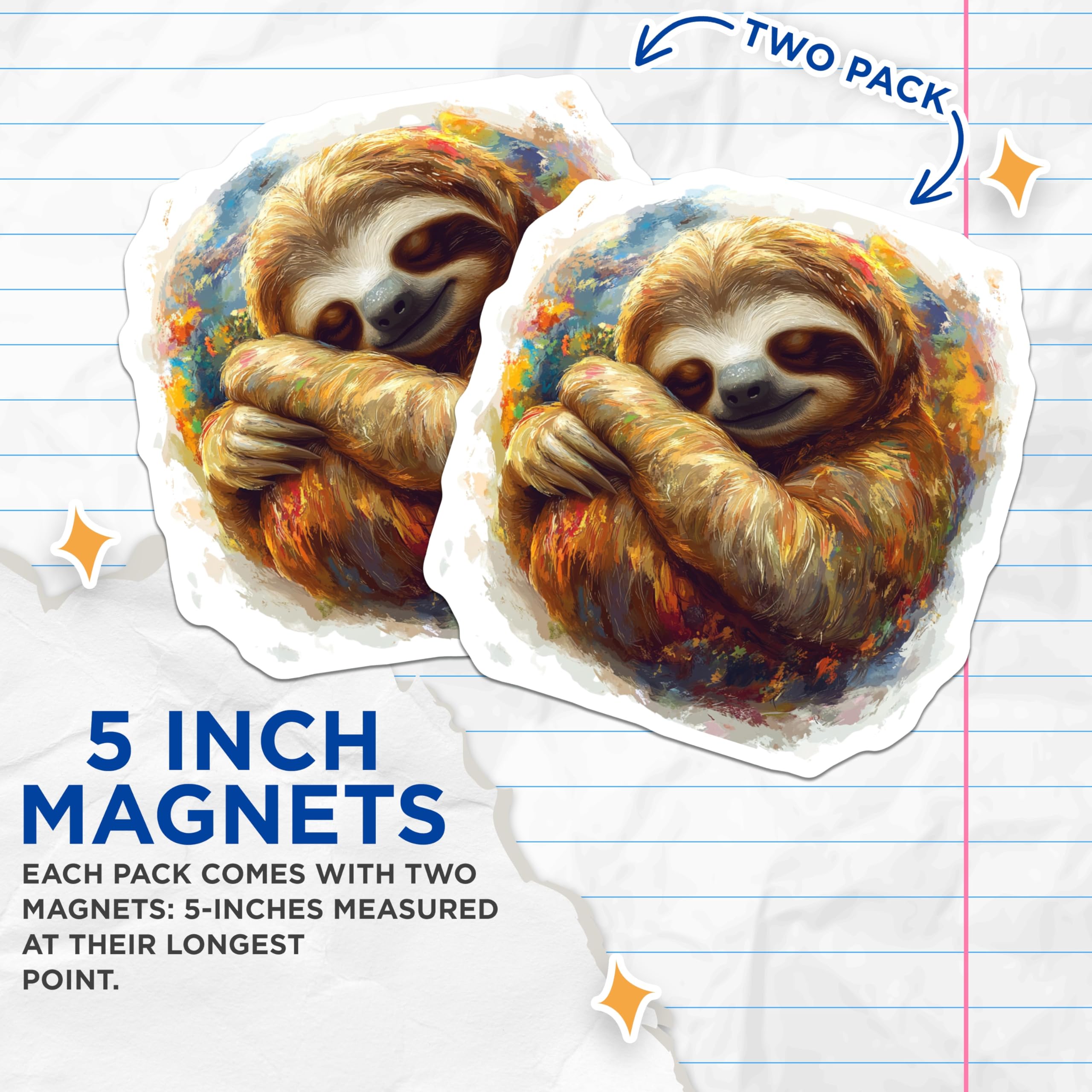 (2 Pack) Sleepy Sloth Magnets - Colorful Artistic Design - Vibrant Refrigerator Accents - Cute Animal Art Deco for Fridge - 5 Inches On Longest Side - Thick Durable Magnet - Made in USA - MAG24133