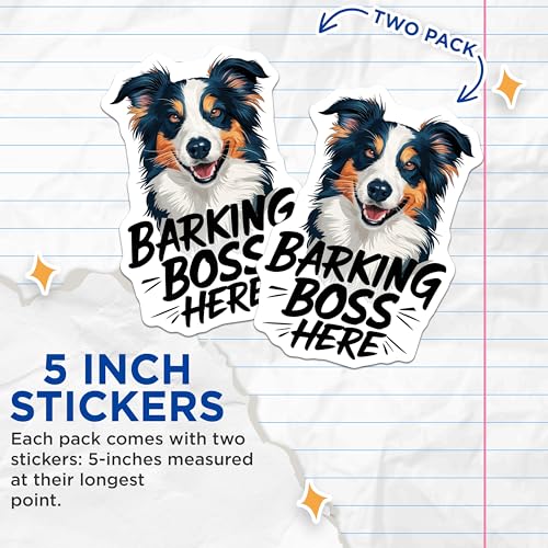 (2 Pack) Barking Boss Here Stickers - Funny Dog Stickers - Cute Pet Stickers - Animal Lover Stickers - 5" On Longest Side - Sticks to Smooth Flat Surfaces - Made in USA - BMCS3925