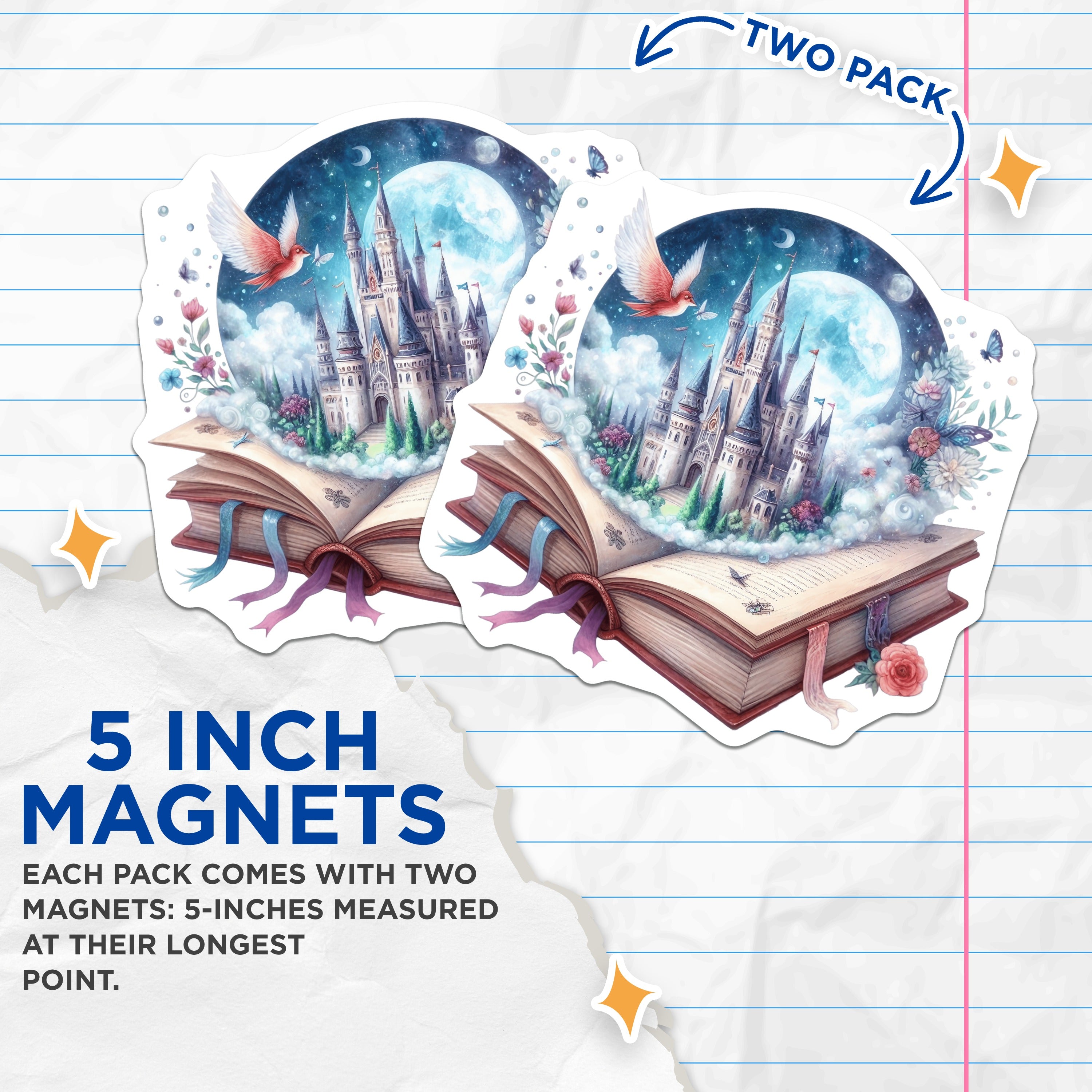 (2 Pack) Fairytale Castle Magnets - Storybook Fantasy Decor - Book Lover Reader Imagination Art - 5 Inches On Longest Side - Thick Durable Magnet - Made in USA - MAG36120