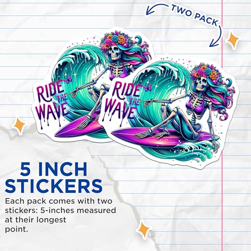 (2 Pack) Ride The Wave Stickers - Skeleton Surfer Sticker - Flower Crown Surfer Sticker - 5" On Longest Side - Sticks to Smooth Flat Surfaces - Made in USA - BMCS9606