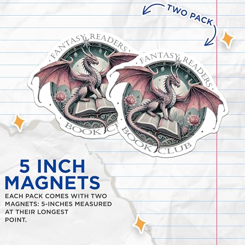 (2 Pack) Fantasy Readers Book Club Magnets - Dragon Lovers - Reading Enthusiasts - Mythical Creature Art - Literary Decor - 5" On Longest Side - for Cars, Fridges, Toolboxes - Made in USA - MAG7194