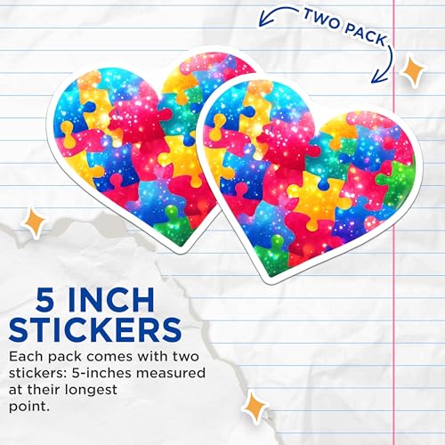 (2 Pack) Heart Puzzle Piece Stickers - Colorful Love Art - Autism Awareness - 5" On Longest Side - Sticks to Smooth Flat Surfaces - Made in USA - BMCS7887
