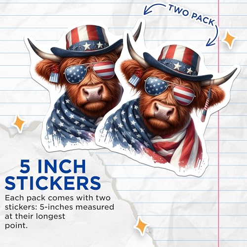 (2 Pack) Patriotic Cow Stickers - American Flag Hat - Sunglasses - Fourth of July - 5" On Longest Side - Sticks to Smooth Flat Surfaces - Made in USA - BMCS6373