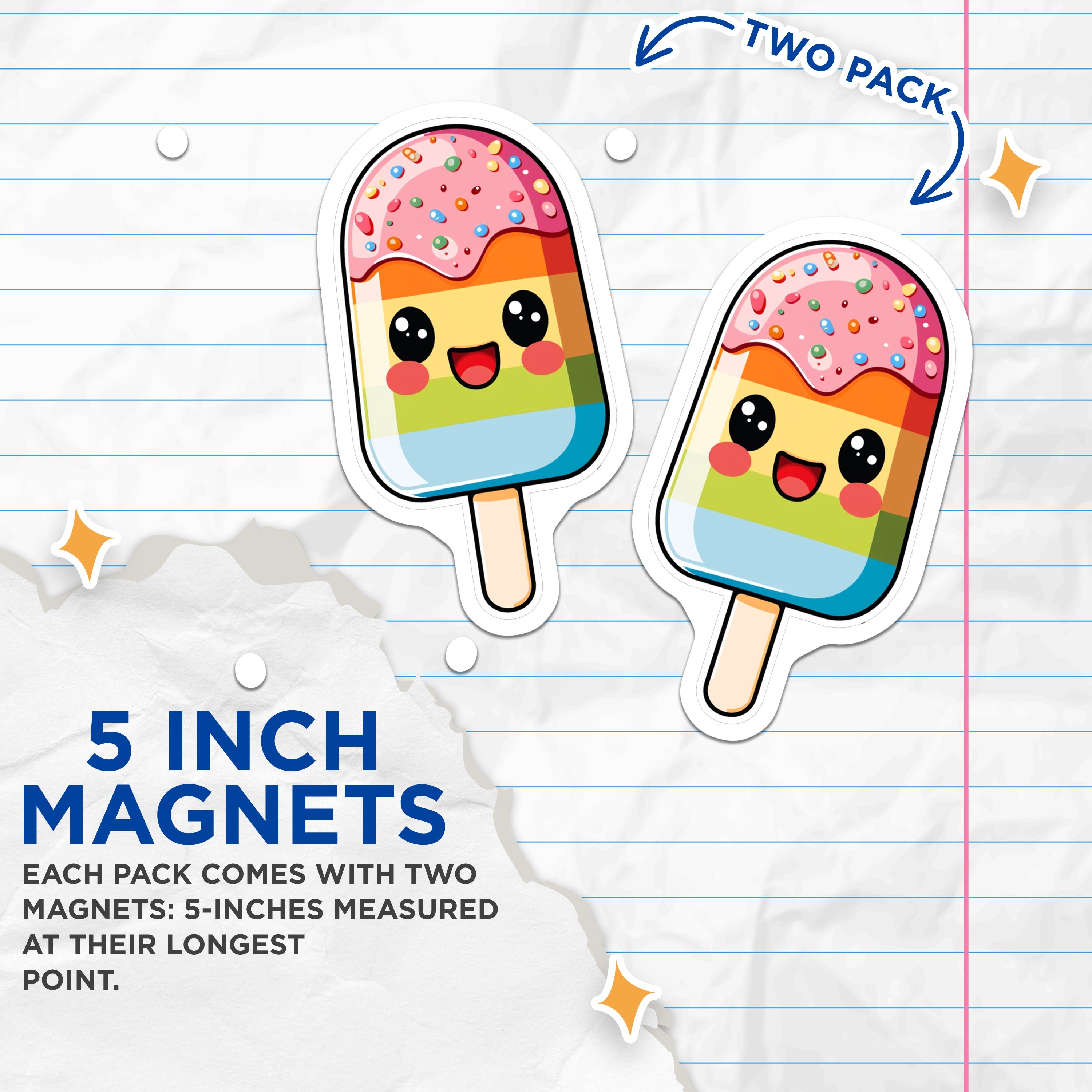 (2 Pack) Kawaii Popsicle Magnets - Rainbow Sprinkles Decor - Cute Ice Cream Treat Locker - 5 Inches On Longest Side - Thick Durable Magnet - Made in USA - MAG39384