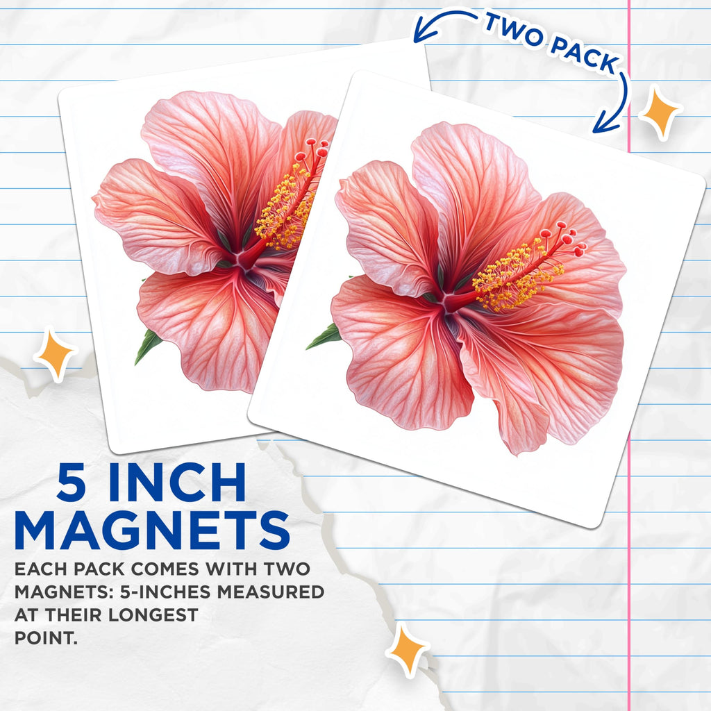 (2 Pack) Hibiscus Flower Magnets - Tropical Refrigerator Decor - Botanical Floral Accent - 5 Inches On Longest Side - Thick Durable Magnet - Made in USA - MAG30257