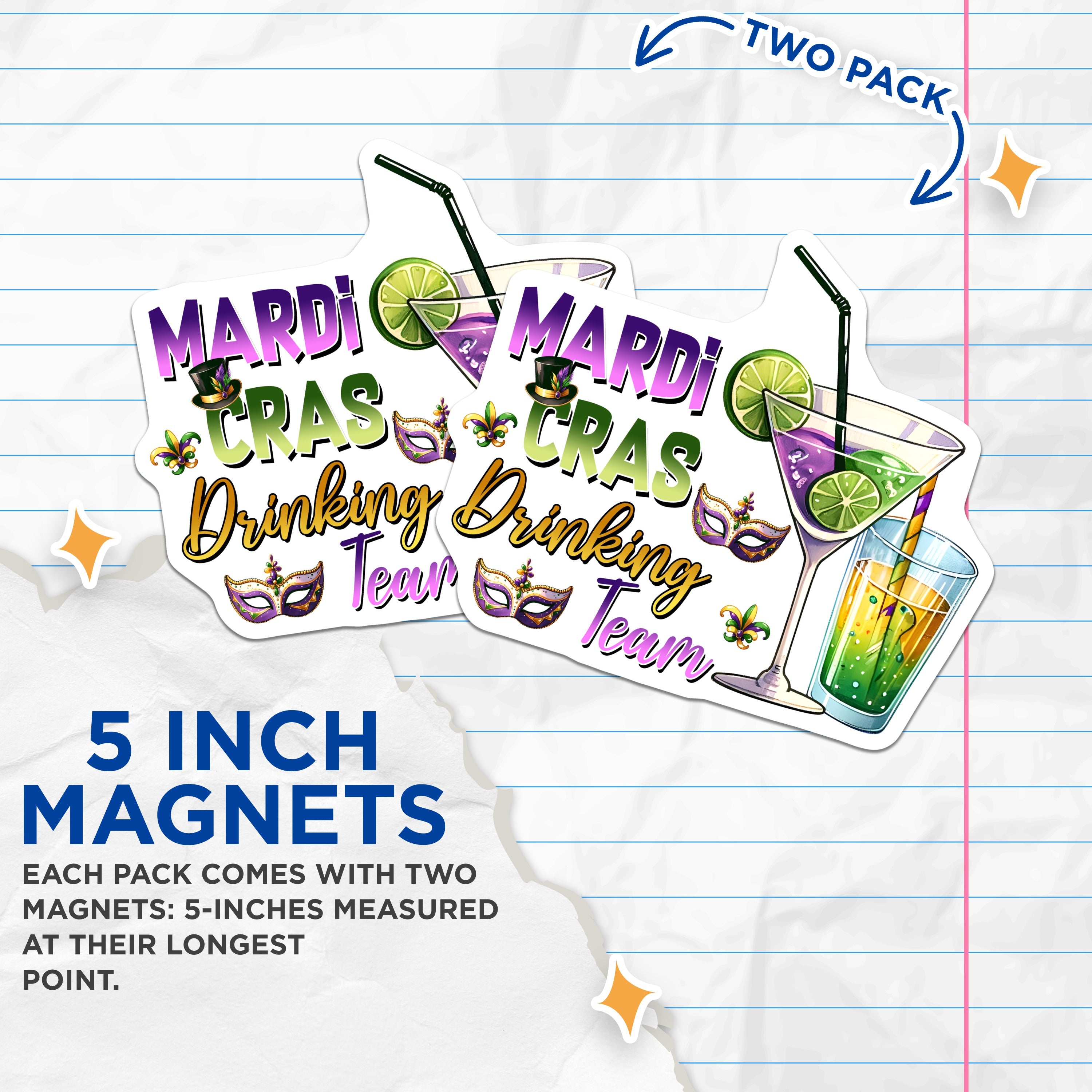 (2 Pack) Mardi Gras Drinking Team Magnets - NOLA Celebration Decor - Festive Party Souvenir - 5 Inches On Longest Side - Thick Durable Magnet - Made in USA - MAG36476