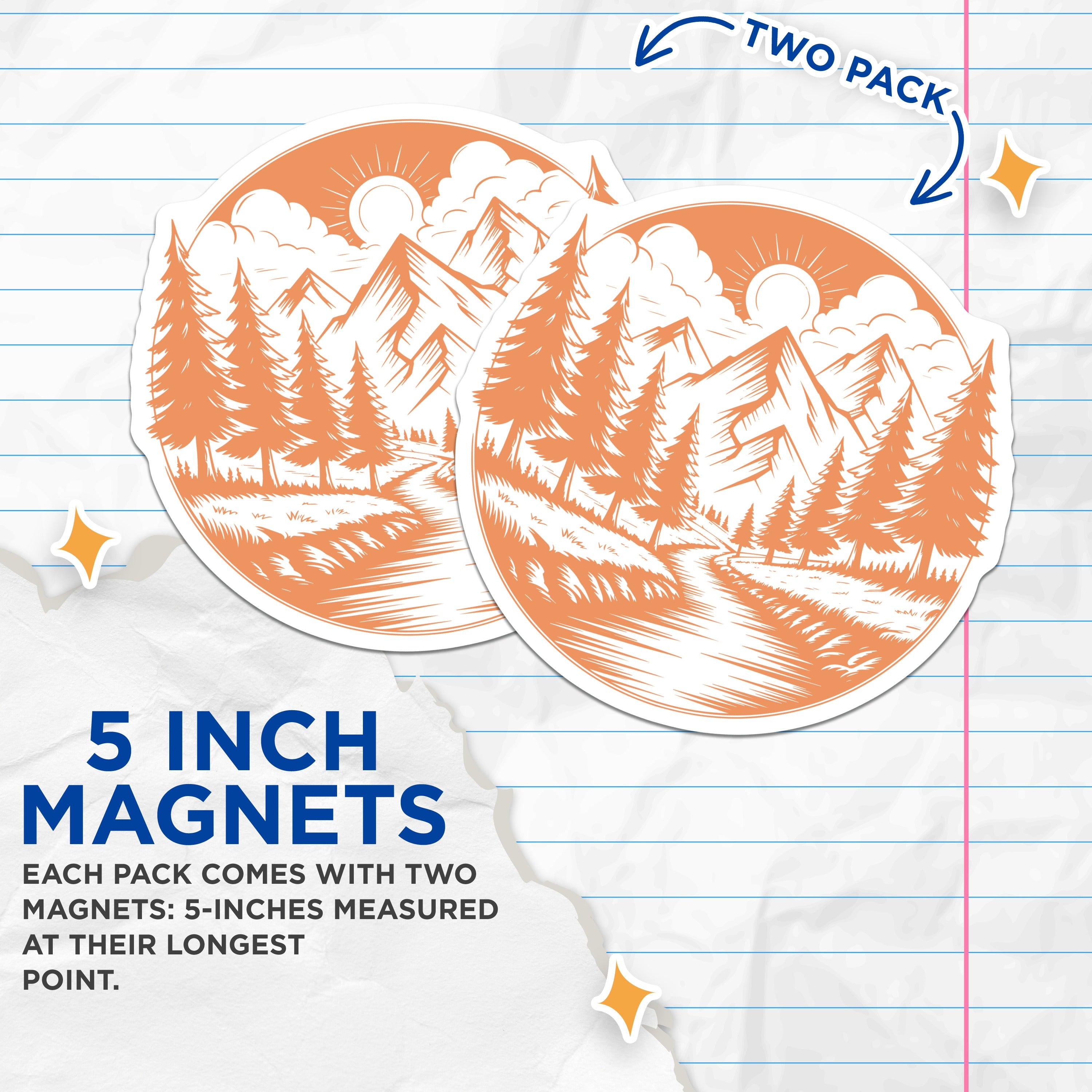(2 Pack) Mountain Forest Landscape Magnets - Hiking Camping Adventure - Woodland Cabin Decor Art - 5 Inches On Longest Side - Thick Durable Magnet - Made in USA - MAG38329