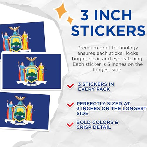 (3 Pack) New York Flag Decals - State Flags - Laptop Decals - 3 Inches On Longest Side - Easy Peel & Apply - Made in USA - 3MCS0204