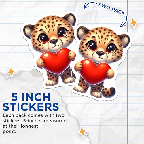 (2 Pack) Cute Leopard Holding Heart Stickers - Animal Love Stickers - Adorable Animal Decals - 5" On Longest Side - Sticks to Smooth Flat Surfaces - Made in USA - BMCS3645
