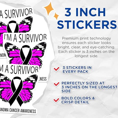 (3 Pack) Melanoma Cancer Awareness Decals - Survivor Butterfly Ribbon - Laptop Decals - 3 Inches On Longest Side - Easy Peel & Apply - Made in USA - 3MCS4079