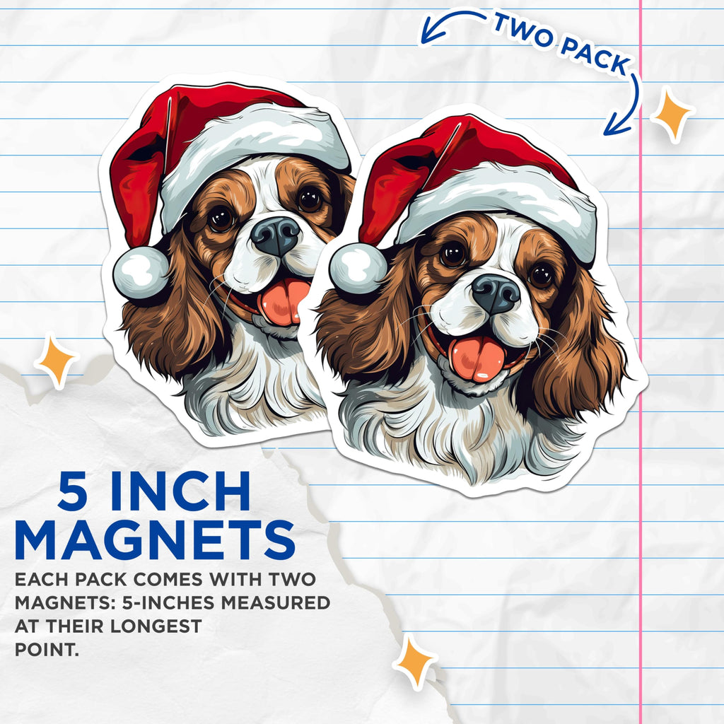 (2 Pack) Cavalier King Charles Magnets - Christmas Dog Decor - Santa Hat Pet Owner Offering - 5 Inches On Longest Side - Thick Durable Magnet - Made in USA - MAG28659