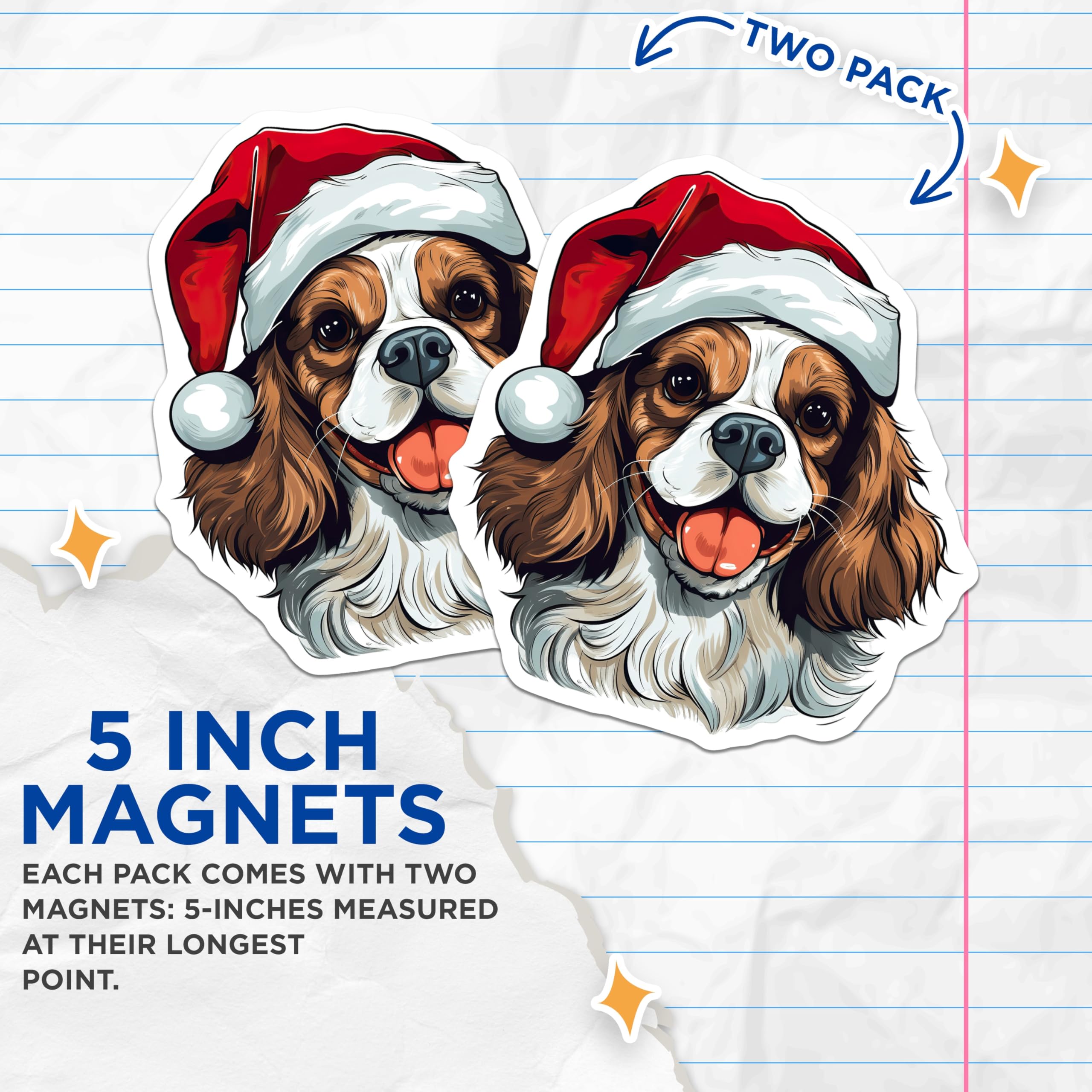 (2 Pack) Cavalier King Charles Magnets - Christmas Dog Decor - Santa Hat Pet Owner Offering - 5 Inches On Longest Side - Thick Durable Magnet - Made in USA - MAG28659