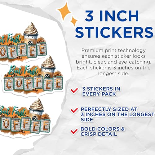 (3 Pack) But First Coffee Decals - Coffee Lover Decor - Laptop Decal - 3 Inches On Longest Side - Easy Peel & Apply - Made in USA - 3MCS6304