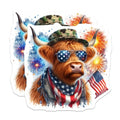 (2 Pack) Patriotic Highland Cow Stickers - American Flag Sunglasses - Cute Animal Fireworks Art - 5" On Longest Side - Sticks to Smooth Flat Surfaces - Made in USA - BMCS6366