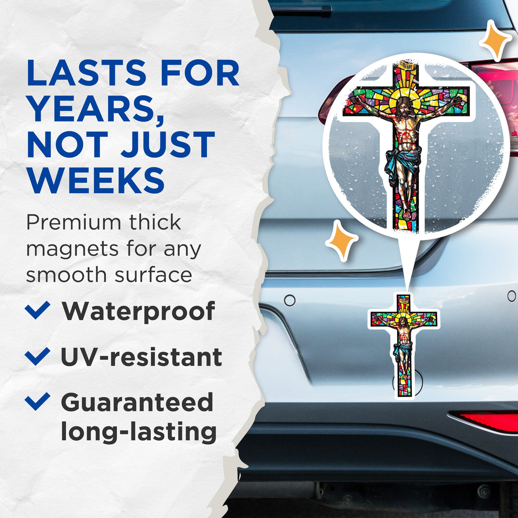 (2 Pack) Stained Glass Jesus Magnets - Christian Crucifixion Art - Catholic Faith Home Decor - Spiritual Refrigerator Magnet - 5 Inches On Longest Side - Thick Durable Magnet - Made in USA - MAG37281