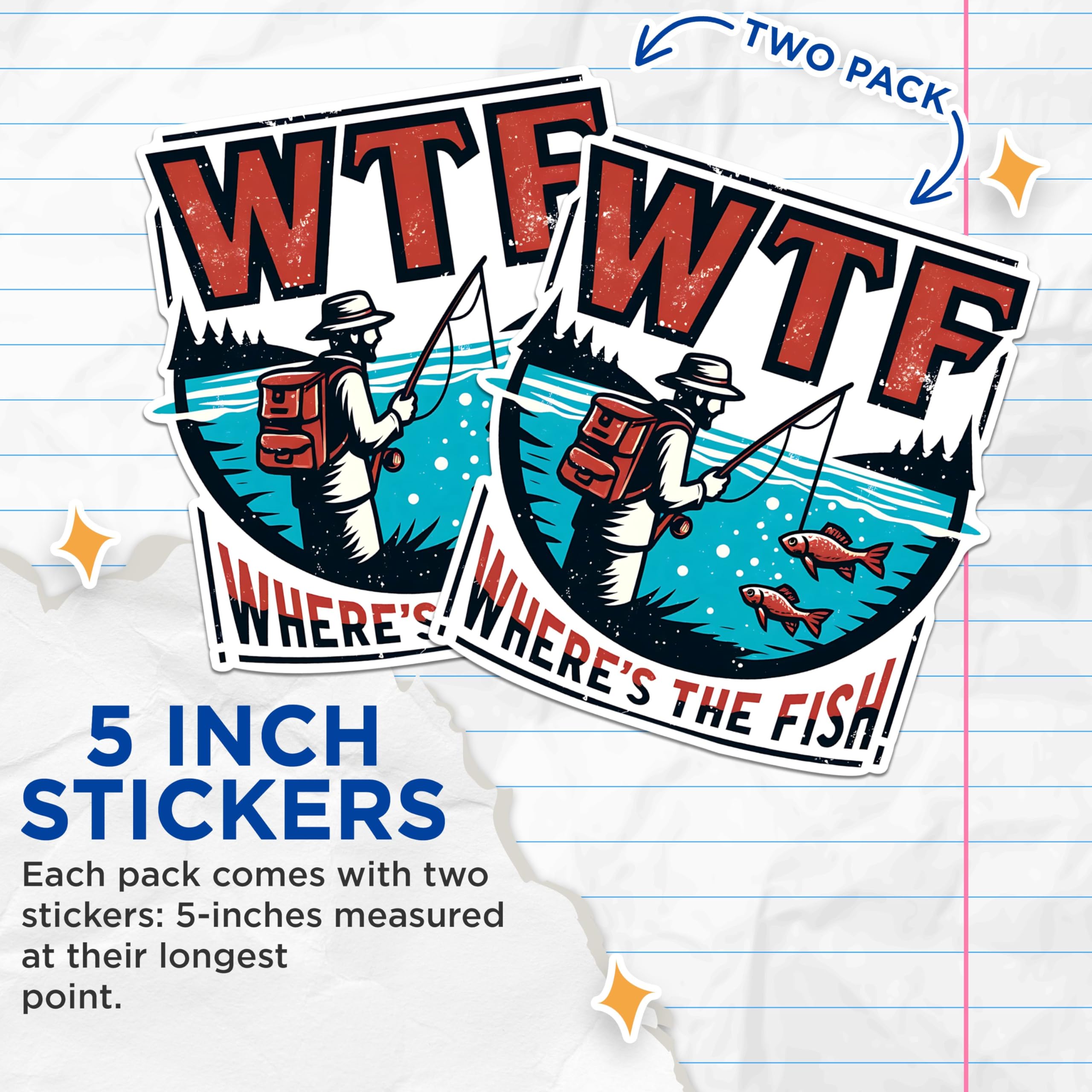 (2 Pack) Funny Fishing Stickers - Fisherman Humor Stickers - WTF Where's The Fish Stickers - 5" On Longest Side - Sticks to Any Smooth Flat Surface - Made in USA - BMCS2614