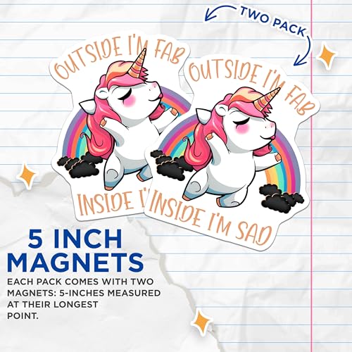 (2 Pack) Cute Unicorn Magnets - Funny Quotes - Rainbow Cartoon Decor for Kids - Inside I'm Sad - 5" On Longest Side - for Cars, Fridges, Toolboxes - Made in USA - MAG7803