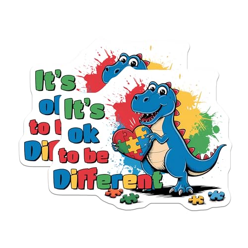 (2 Pack) Dinosaur Autism Awareness Stickers - It's Ok to Be Different - Cute Dino Puzzle Piece Stickers - 5" On Longest Side - Sticks to Smooth Flat Surfaces - Made in USA - BMCS9693