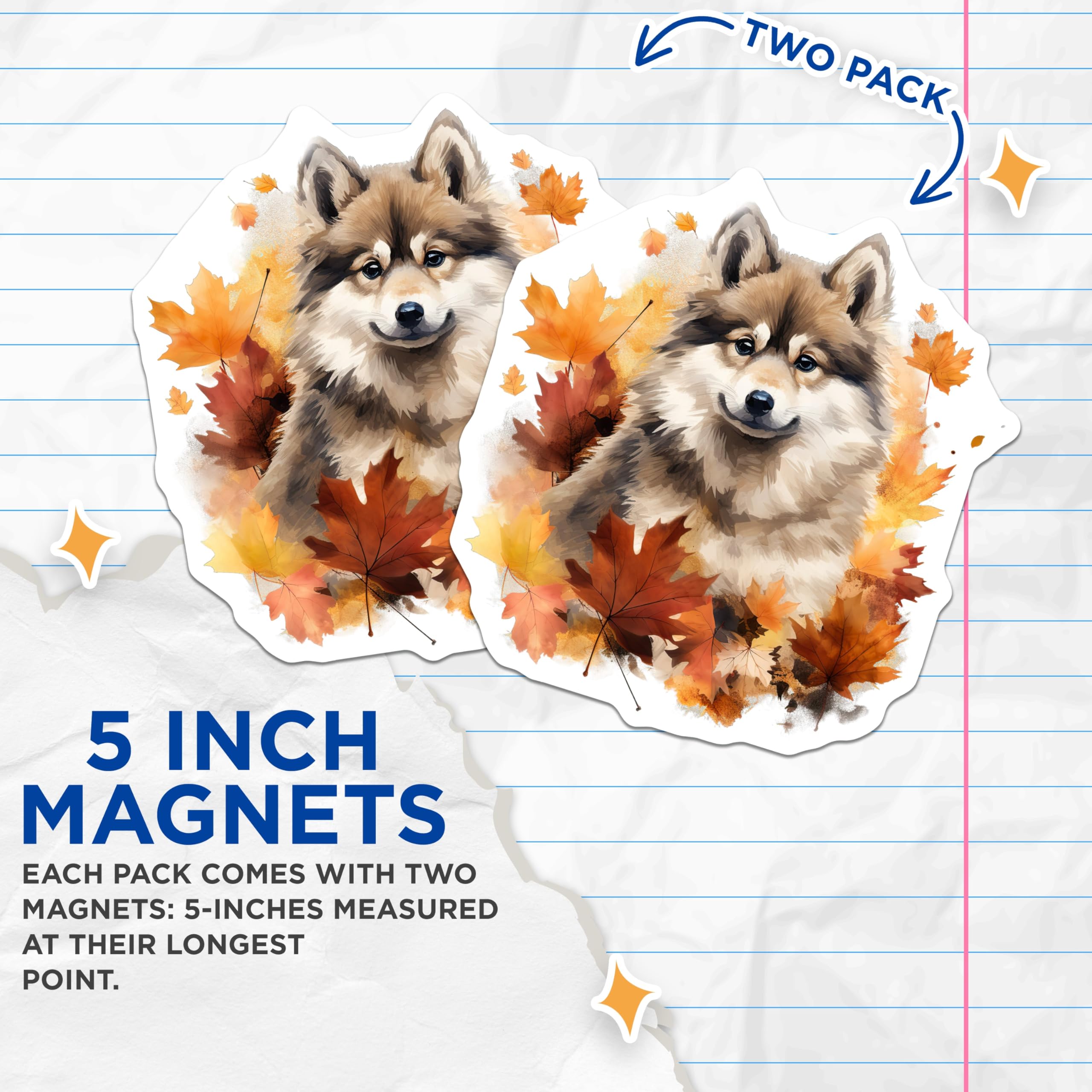 (2 Pack) Autumn Dog Magnets - Cute Pet Refrigerator Decor - Fall Puppy Art Kitchen Accent - 5 Inches On Longest Side - Thick Durable Magnet - Made in USA - MAG27162