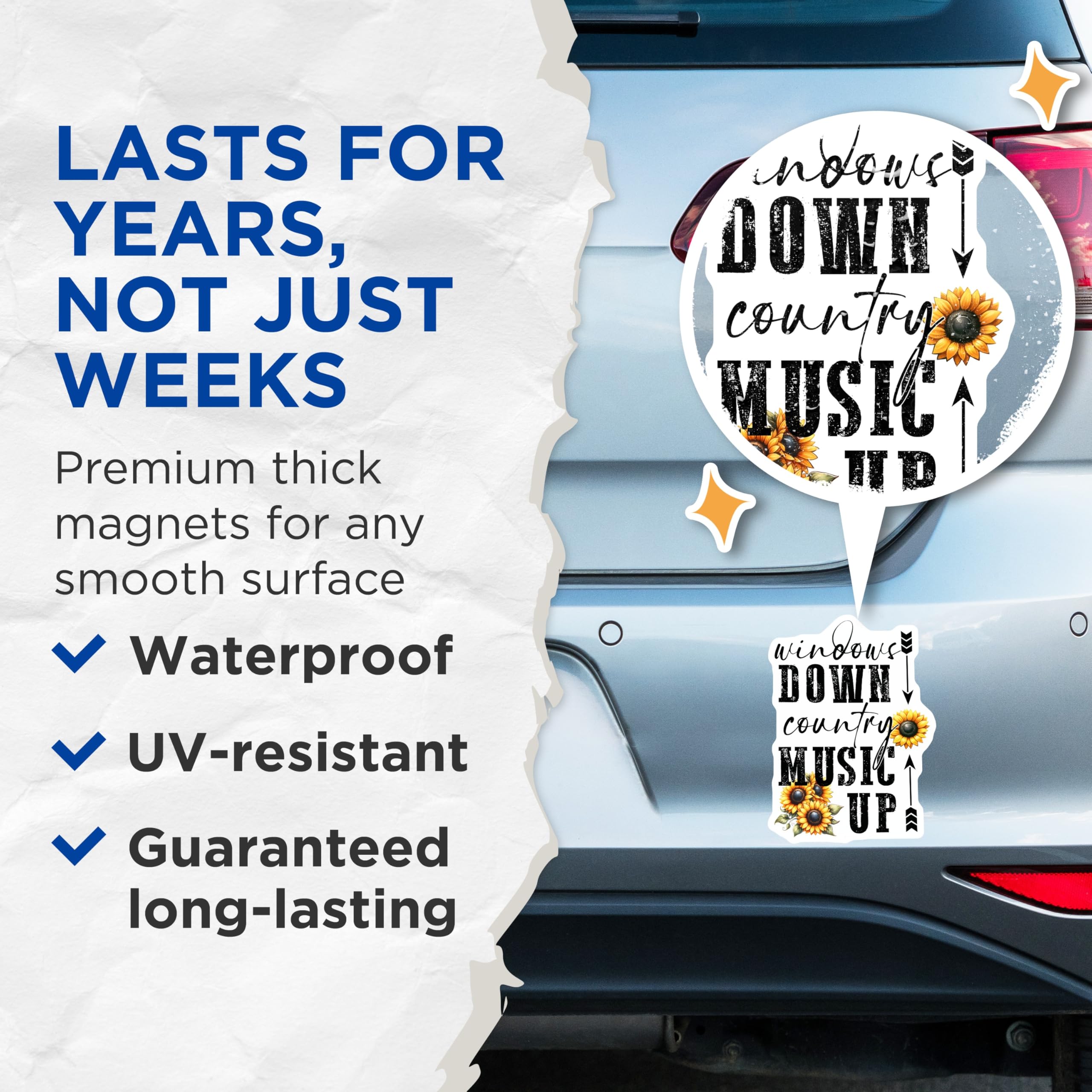 (2 Pack) Country Music Magnets - Windows Down Decor - Sunflower Magnets for Refrigerator - 5" On Longest Side - Premium Magnet - for Cars, Refrigerators, Toolboxes, Lockers - Made in USA - MAG14112