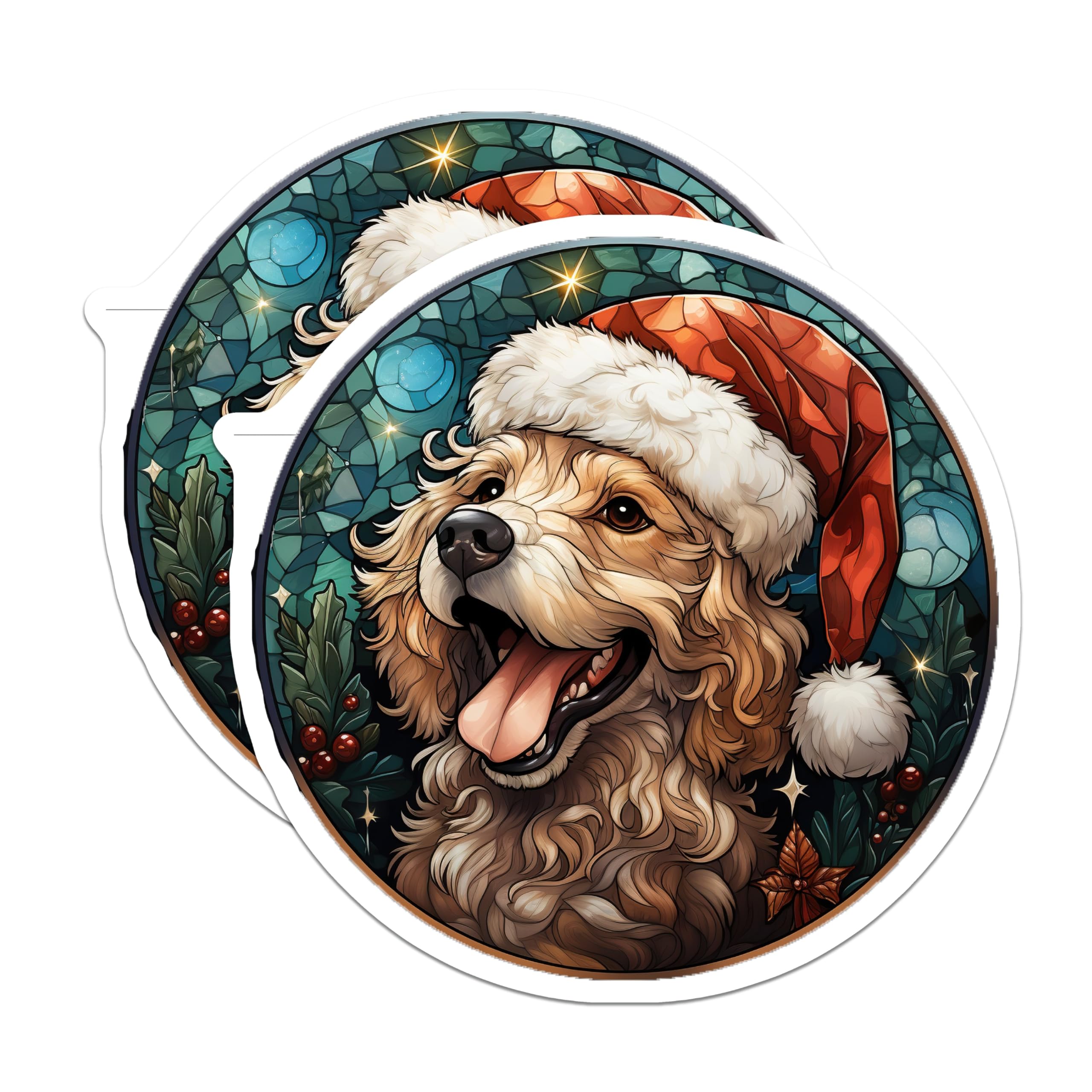(2 Pack) Christmas Dog Magnets - Santa Hat Pet Decor - Stained Glass Animal Art - 5 Inches On Longest Side - Thick Durable Magnet - Made in USA - MAG27886