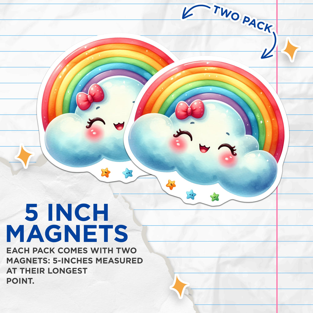 (2 Pack) Cute Rainbow Cloud Magnets - Kawaii Fridge Decor - Nursery Locker Accents - 5 Inches On Longest Side - Thick Durable Magnet - Made in USA - MAG37676