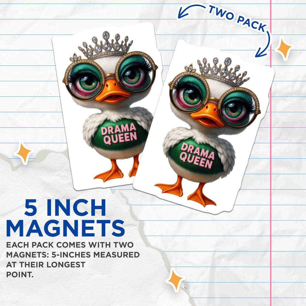 (2 Pack) Drama Queen Duck Magnets - Crowned Eyeglasses Duck - Funny Refrigerator Decor - Sassy Animal Collectible - 5 Inches On Longest Side - Thick Durable Magnet - Made in USA - MAG22598