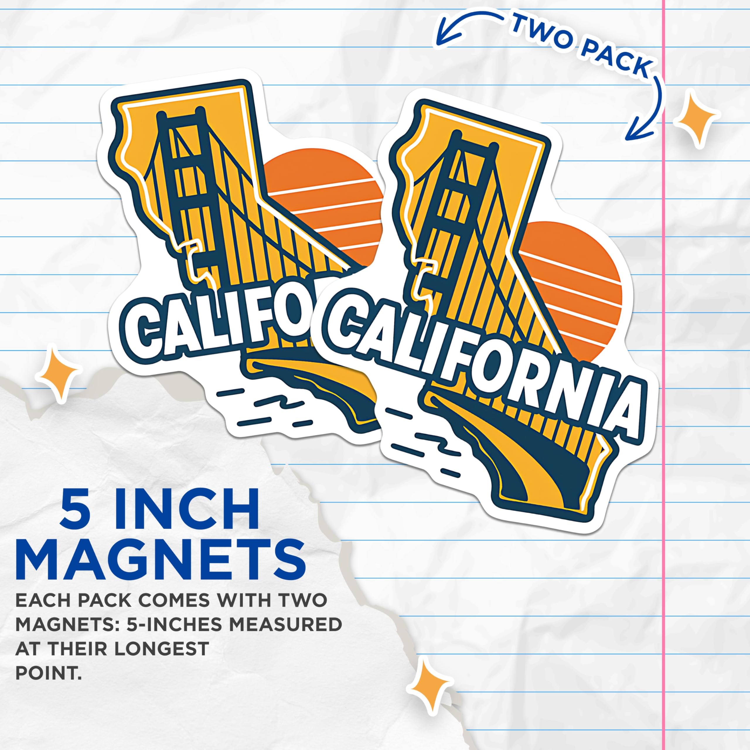 (2 Pack) California Magnets - Golden Gate Bridge Design - State Pride Decoration - 5" On Longest Side - Premium Magnet - for Cars, Refrigerators, Toolboxes, Lockers - Made in USA - MAG18985