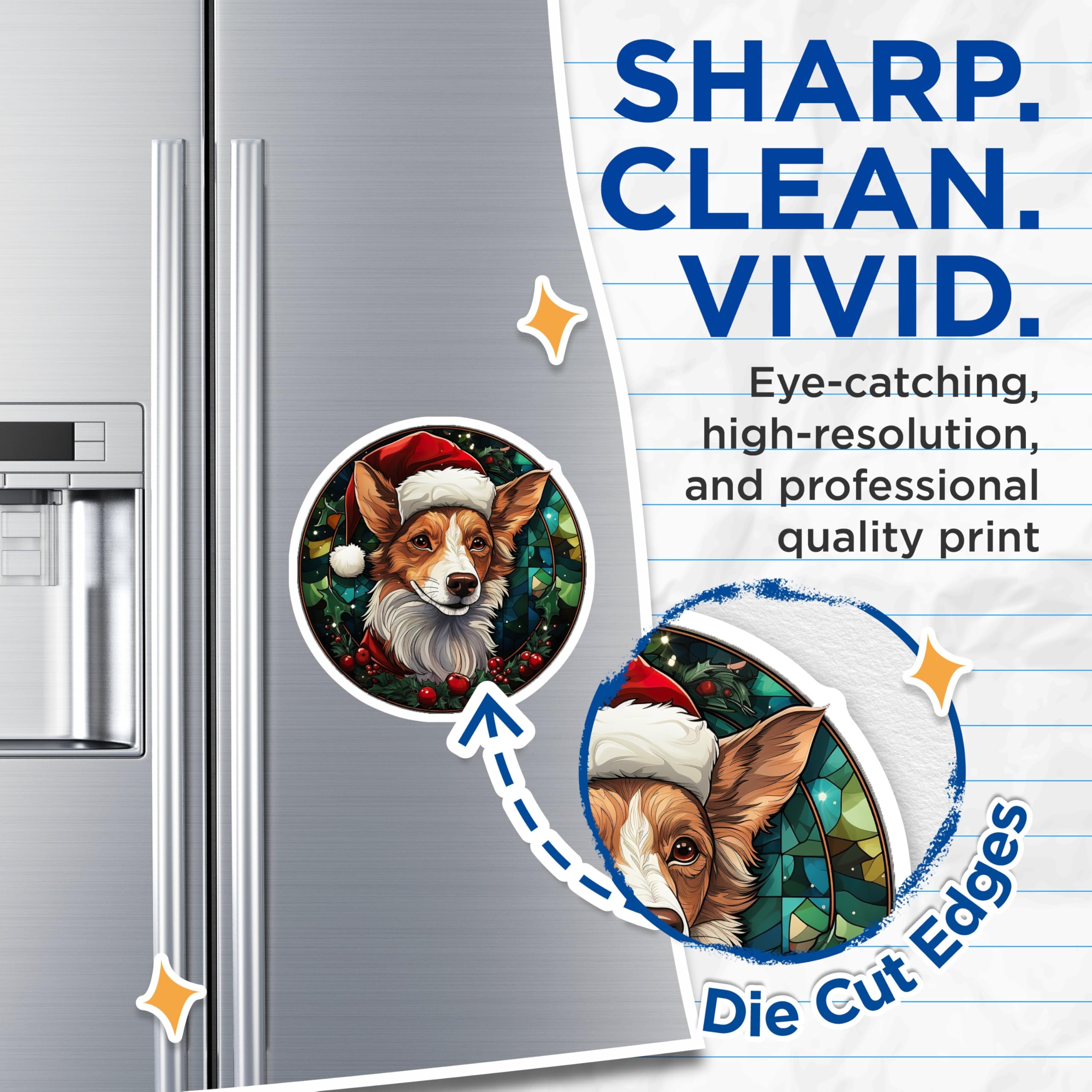 (2 Pack) Christmas Corgi Magnets - Festive Pet Lover Decor - Winter Stained Glass Dog Art - 5 Inches On Longest Side - Thick Durable Magnet - Made in USA - MAG25768