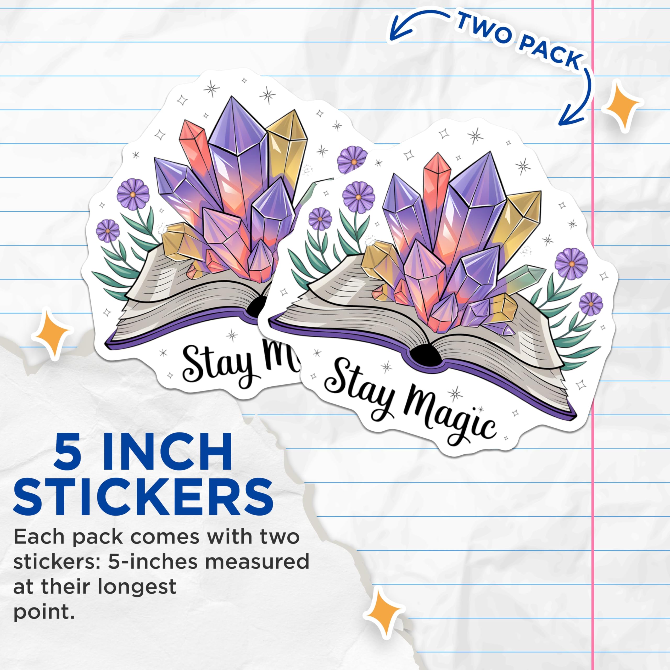 (2 Pack) Stay Magic Stickers - Crystal Book Sticker - Inspirational Stickers - 5" On Longest Side - Sticks to Smooth Flat Surfaces - Made in USA - BMCS6474