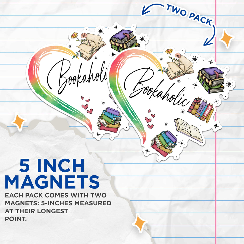 (2 Pack) Bookaholic Magnets - Book Lover Decor Magnets - Cute Reading Magnets for Book Worms- 5" On Longest Side - for Fridges, Toolboxes, Cars - Made in USA - MAG2864