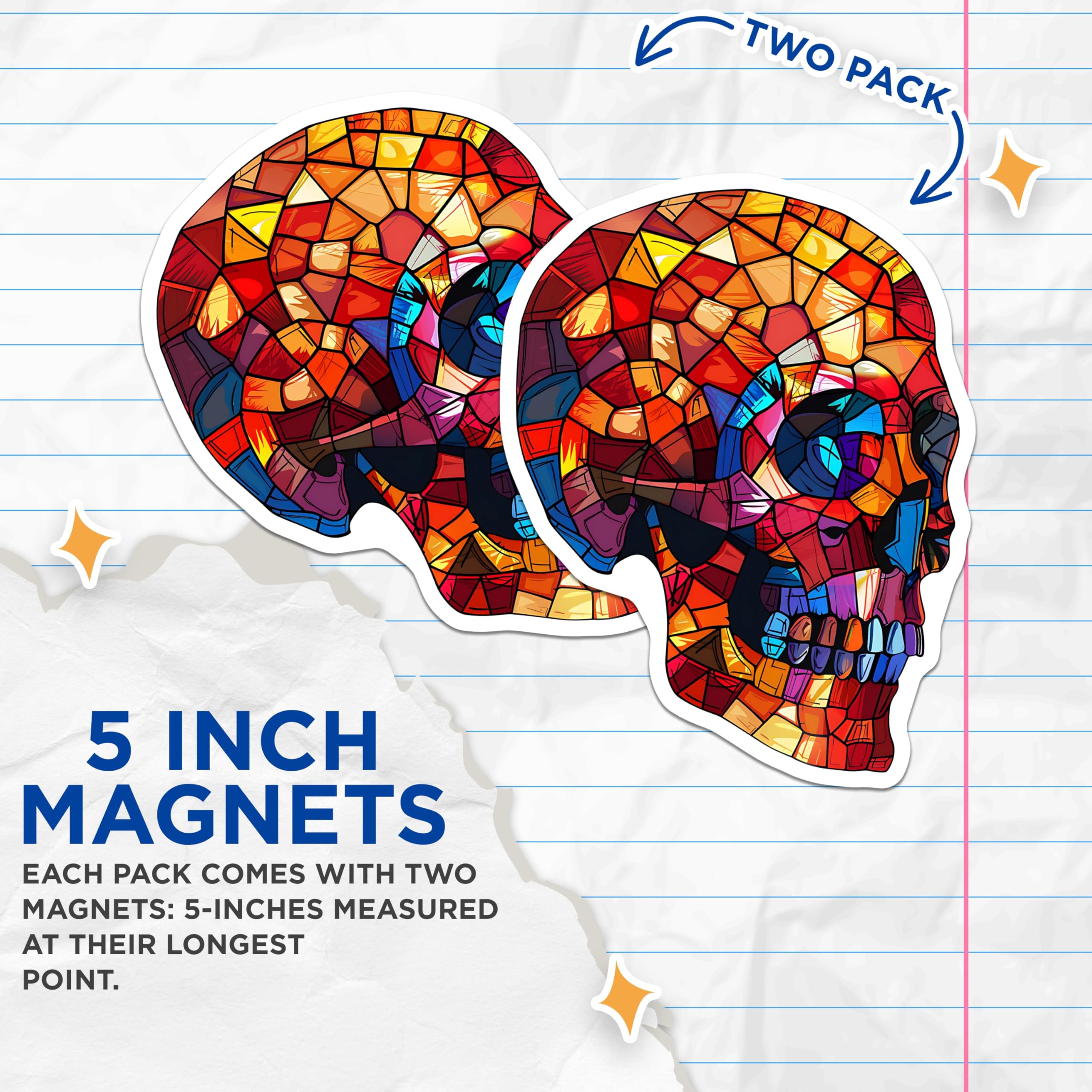 (2 Pack) Skull Magnets - Stained Glass Effect - Decorative Refrigerator Magnets - 5" On Longest Side - Premium Magnet - for Cars, Refrigerators, Toolboxes, Lockers - Made in USA - MAG16835