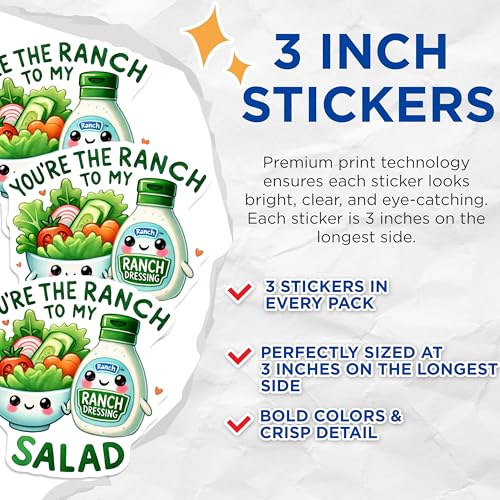 (3 Pack) Ranch Salad Decals - Funny Food Stickers - Cute Kawaii Foodie - 3 Inches On Longest Side - Easy Peel & Apply - Made in USA - 3MCS2329