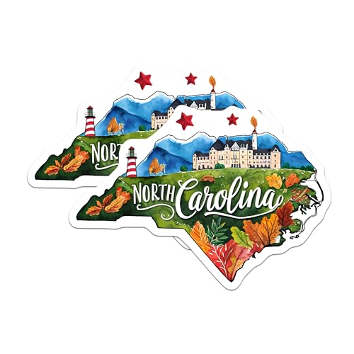 (2 Pack) North Carolina Stickers - State Art - Scenic Landscape - Travel Souvenir - Adventure Decal - 5" On Longest Side - Sticks to Smooth Flat Surfaces - Made in USA - BMCS6304