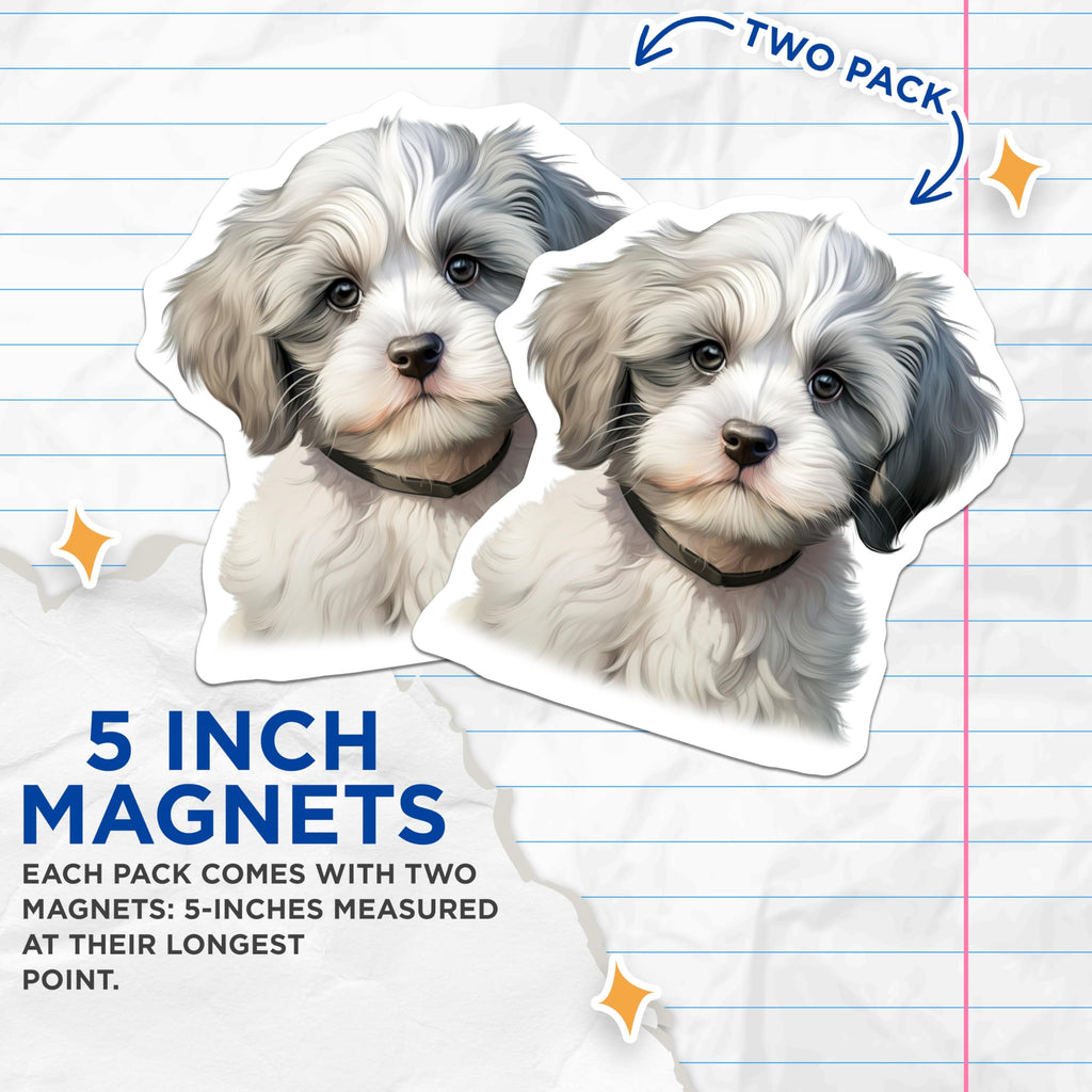 (2 Pack) Cute Puppy Dog Magnets - Fluffy White Gray Pet Lover - Animal Fridge Locker Decor - 5 Inches On Longest Side - Thick Durable Magnet - Made in USA - MAG28368