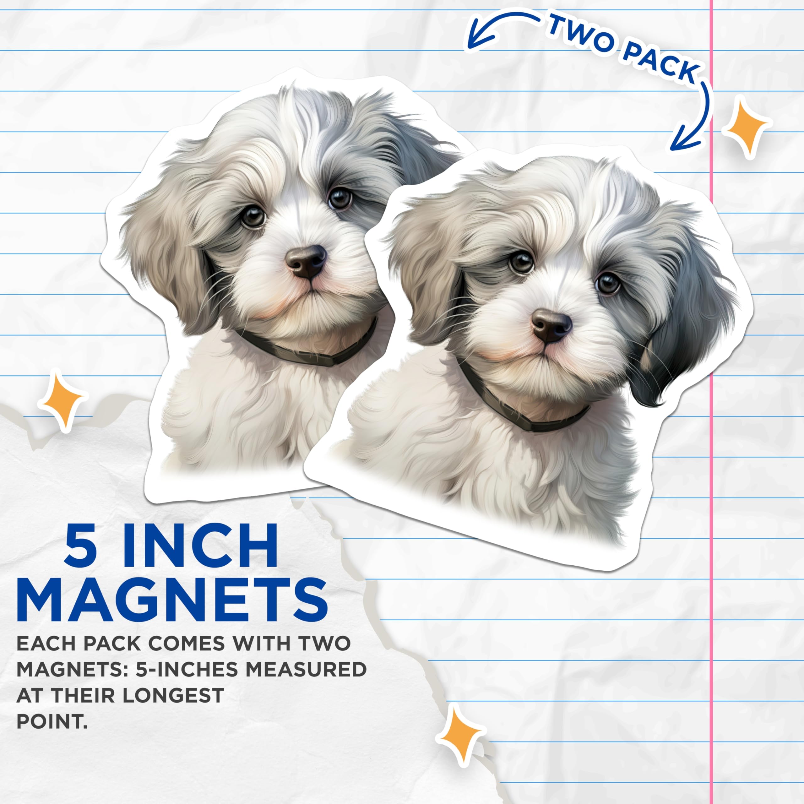(2 Pack) Cute Puppy Dog Magnets - Fluffy White Gray Pet Lover - Animal Fridge Locker Decor - 5 Inches On Longest Side - Thick Durable Magnet - Made in USA - MAG28368