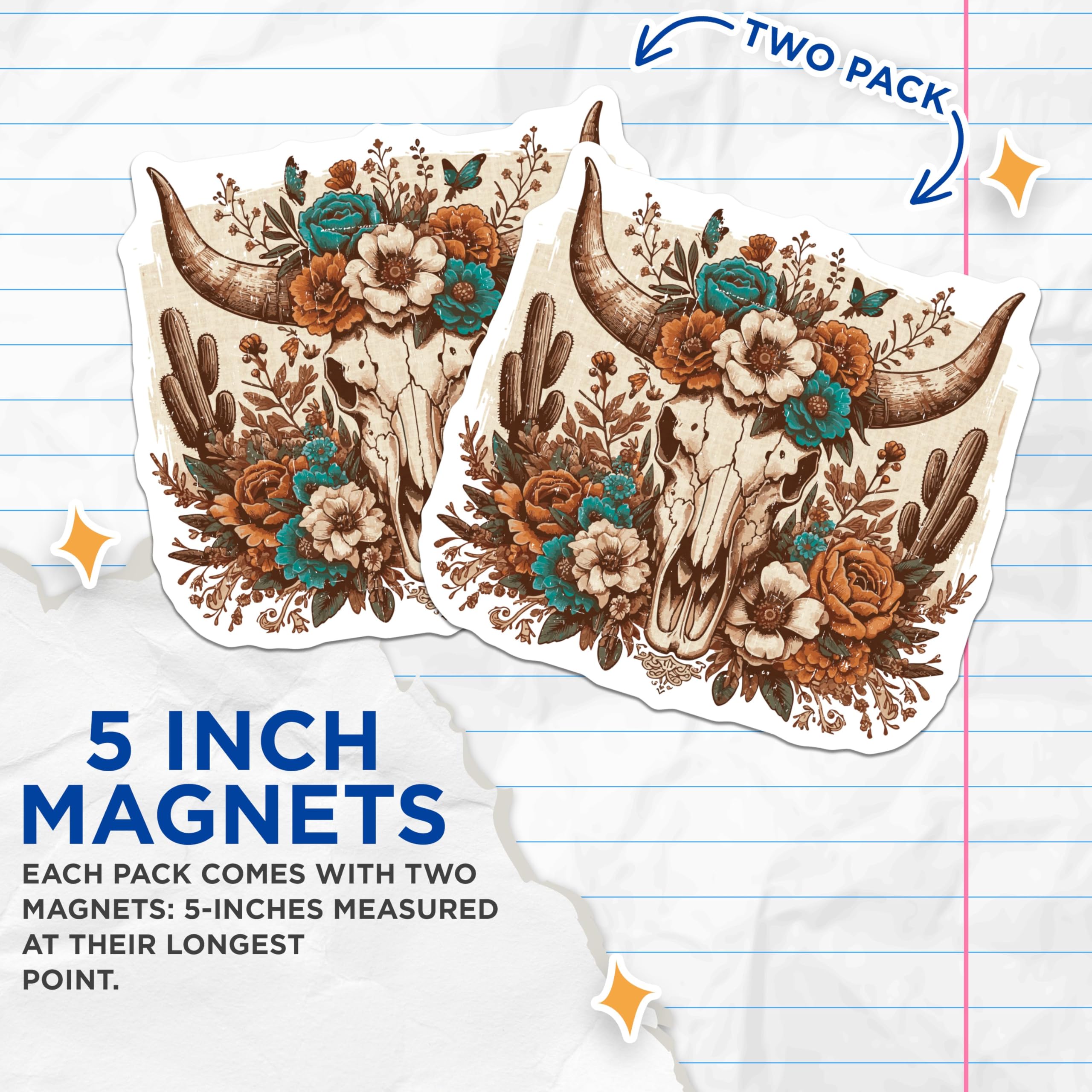 (2 Pack) Skull Magnets - Floral Skull Magnets - Southwest Skull Decor Magnets - 5" On Longest Side - for Cars, Refrigerators, Toolboxes, Lockers - Made in USA BMCS3446