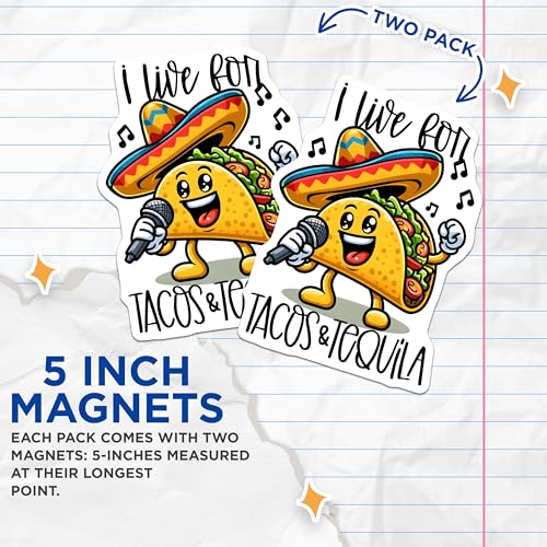 (2 Pack) Taco and Tequila Magnets Magnets - Funny Kitchen Decor - Mexican Food Lovers - 5" On Longest Side - Made in USA - Sticks to Refrigerators & Metal Surfaces - MAG8793