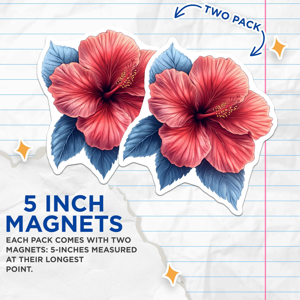 (2 Pack) Hibiscus Flower Magnets - Tropical Floral Decor - Botanical Art Kitchen Magnets - Nature Lover Accessory - 5 Inches On Longest Side - Thick Durable Magnet - Made in USA - MAG29171