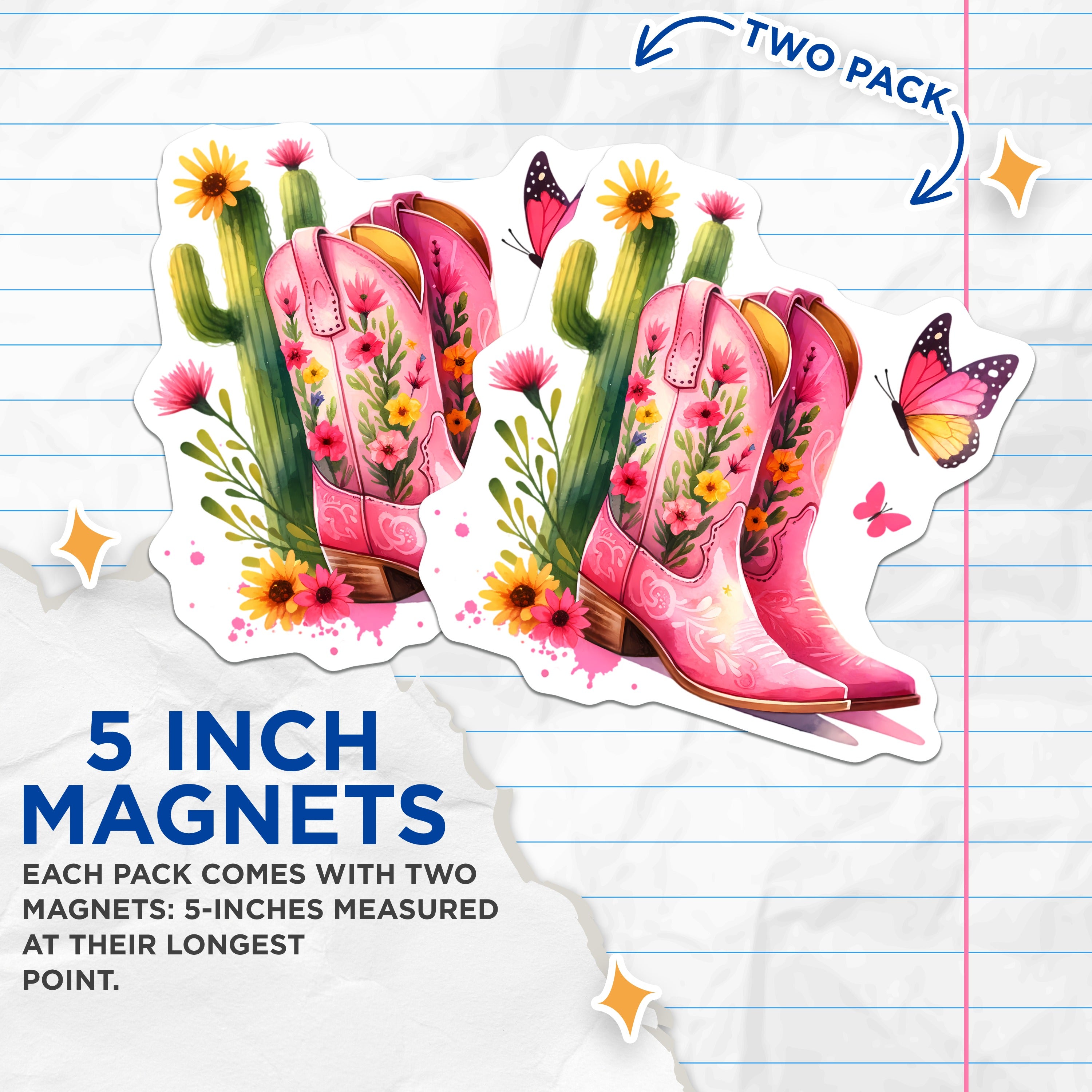 (2 Pack) Pink Floral Cowboy Boots Magnets - Western Aesthetic Decor - Desert Boho Refrigerator Art - 5 Inches On Longest Side - Thick Durable Magnet - Made in USA - MAG37538
