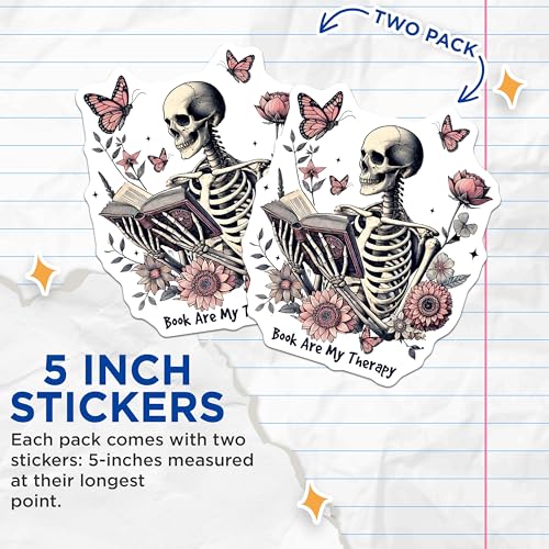 (2 Pack) Book are My Therapy Stickers - Skeleton Reading - Floral Butterfly Art - Unique Book Lover - 5" On Longest Side - Sticks to Smooth Flat Surfaces - Made in USA - BMCS6981