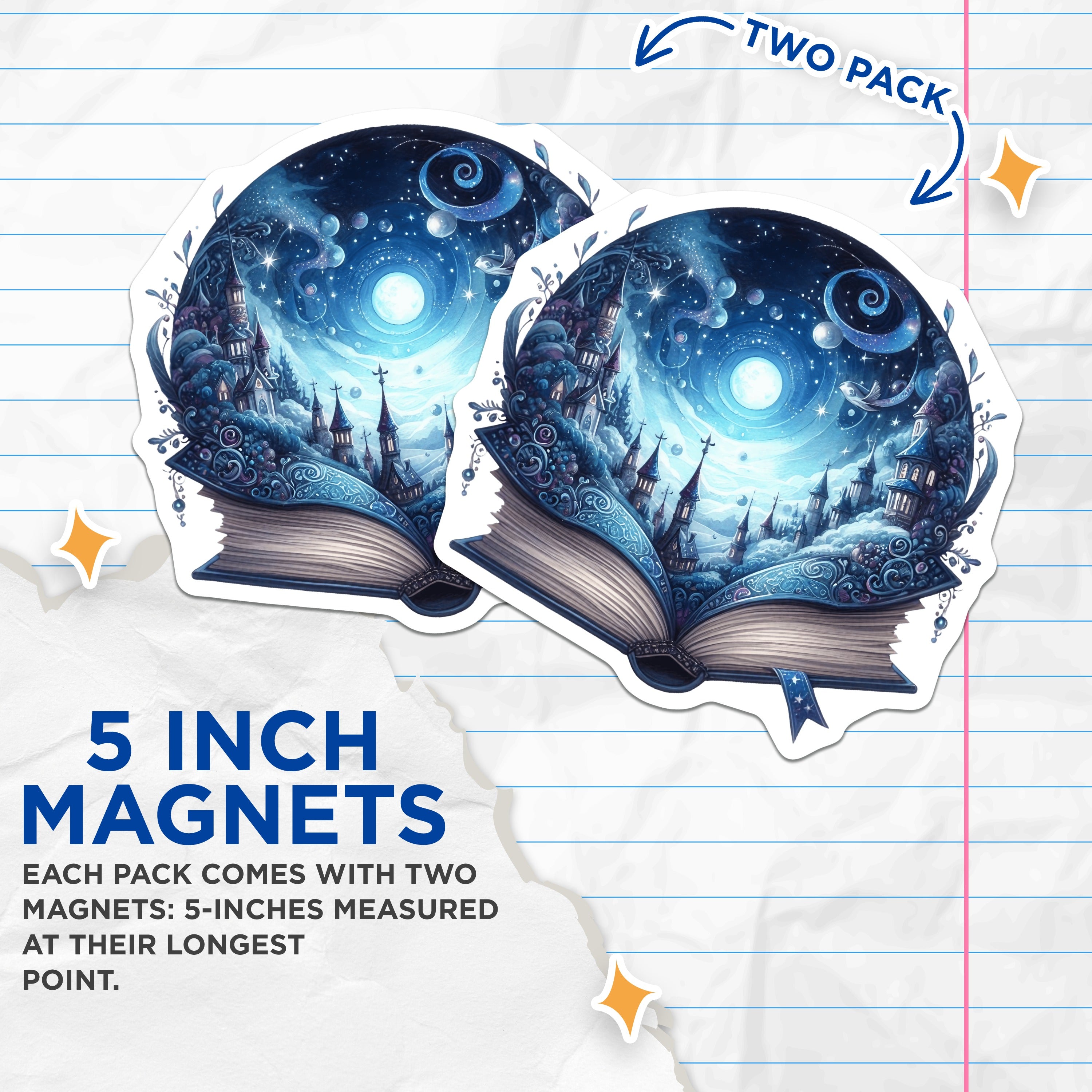 (2 Pack) Mystical Book Magnets - Celestial Fantasy Castle Art - Whimsical Reader Decor - Storybook Fridge Magnets - 5 Inches On Longest Side - Thick Durable Magnet - Made in USA - MAG39098